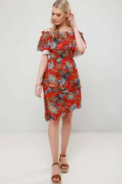 Anita Red Paisley Asymmetric Ruffle Midi Dress