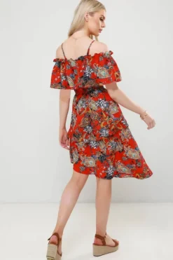 Anita Red Paisley Asymmetric Ruffle Midi Dress