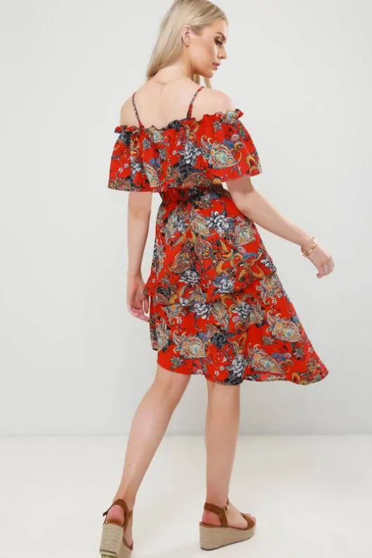 Anita Red Paisley Asymmetric Ruffle Midi Dress