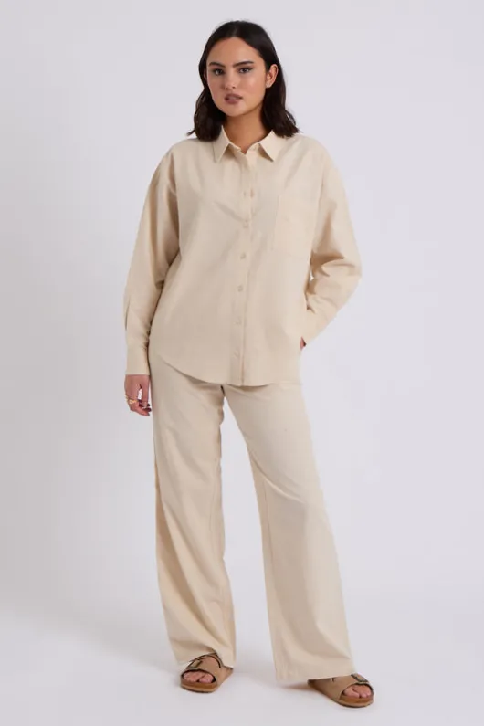 Beige Linen Blend Wide Leg Trouser