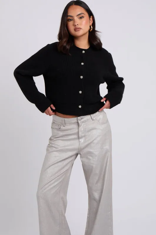 Black Floral Button Cropped Cardigan
