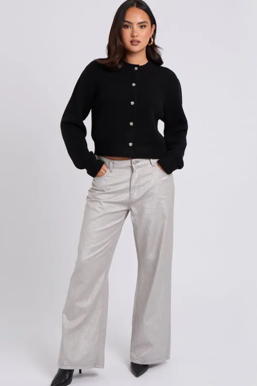 Black Floral Button Cropped Cardigan