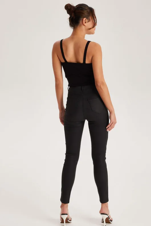 Black Leather-Look High Waist Skinny Jeans | Urban Bliss clothing