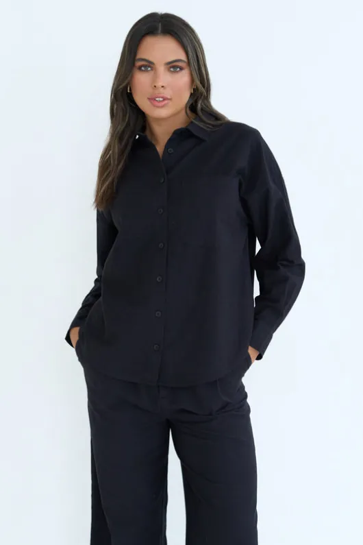 Black Linen Blend Oversized Shirt