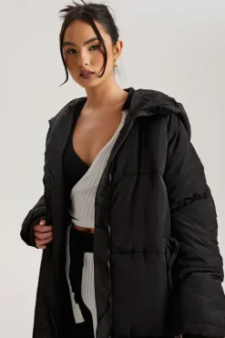 Black Longline Puffa Jacket | Urban Bliss clothing