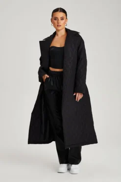 Black Longline Quilted Belted Jacket