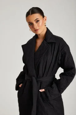 Black Longline Quilted Belted Jacket