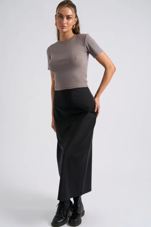Black Satin Bias Cut Midi Skirt