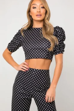 Black Spot Puff Sleeve Crop Top