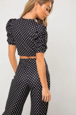 Black Spot Puff Sleeve Crop Top