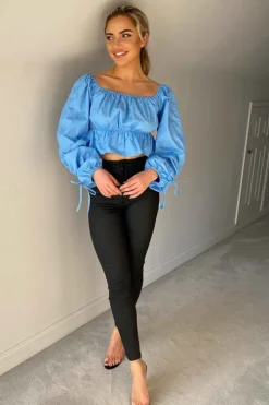 Blue Drawstring Edge Sleeve Bardot
