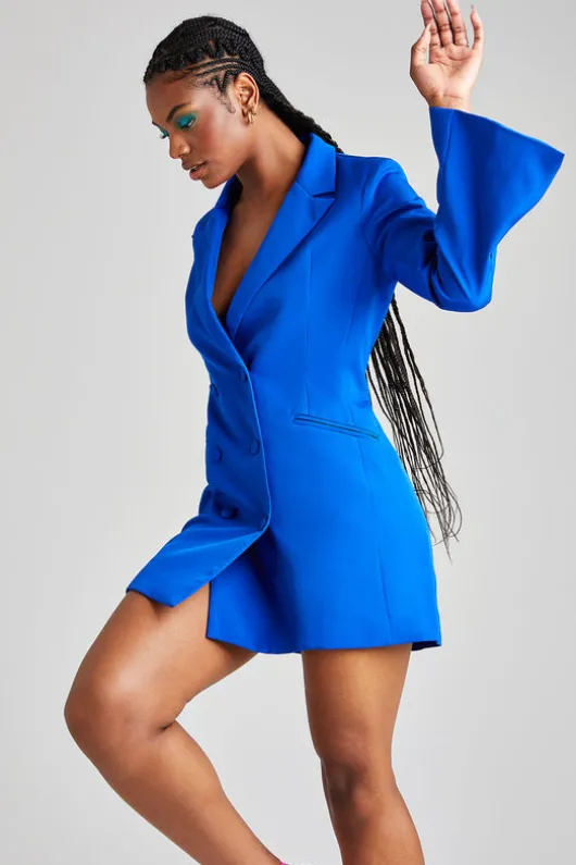 Blue Flare Sleeve Fitted Blazer Dress