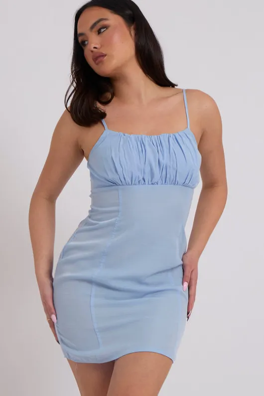 Blue Gathered Front Mini Dress