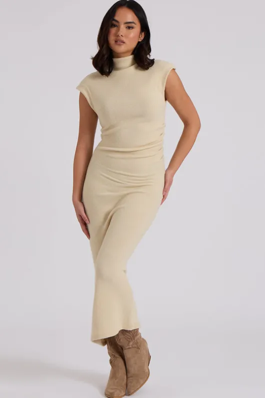 Brushed Cream Jersey Maxi Ruched Dress