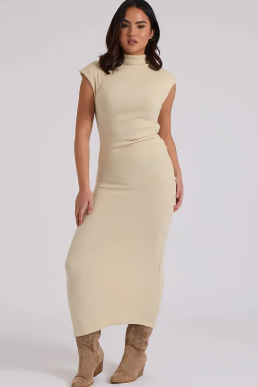Brushed Cream Jersey Maxi Ruched Dress