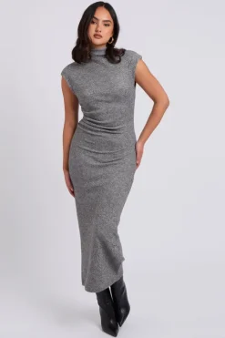 Brushed Grey Jersey Maxi Ruched Dress