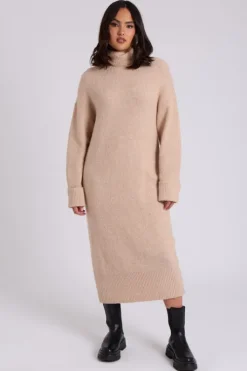 Camel Roll Neck Midi Dress
