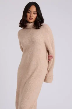 Camel Roll Neck Midi Dress