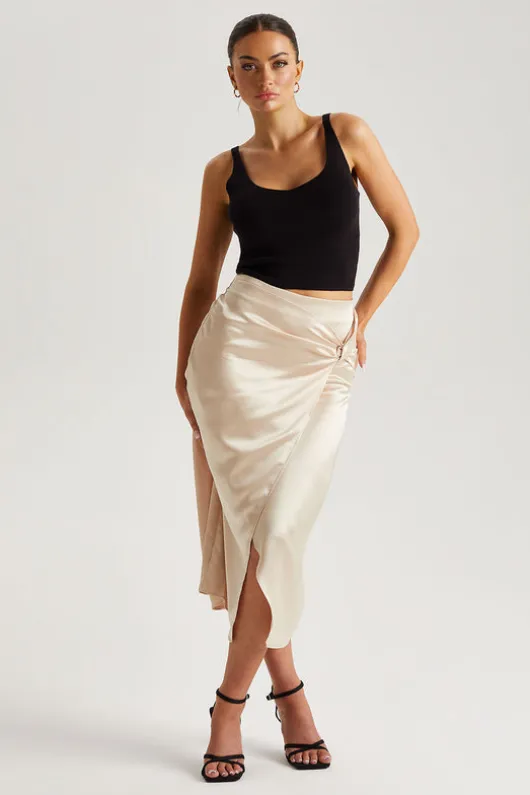 Champagne Satin Side Knot Midi Skirt