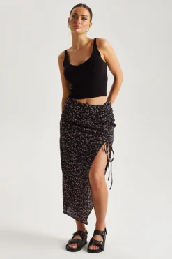Chiffon Floral Ruched Side Midi Skirt