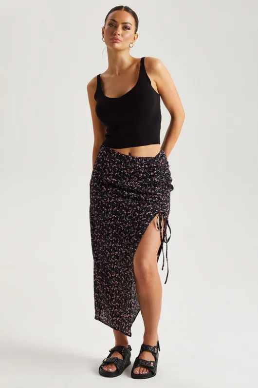 Chiffon Floral Ruched Side Midi Skirt