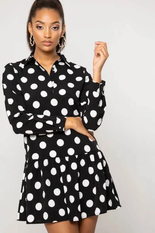 Cleo Black Spot Frill Mini Shirt Dress