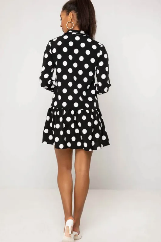 Cleo Black Spot Frill Mini Shirt Dress