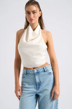 Cream Halter Cowl Neck Top