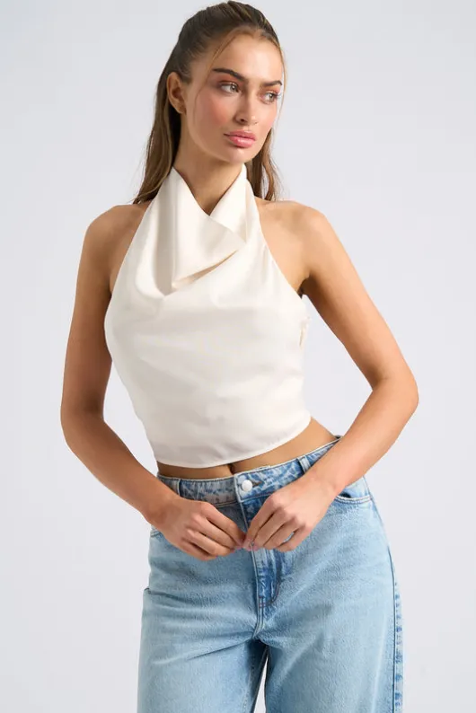 Cream Halter Cowl Neck Top