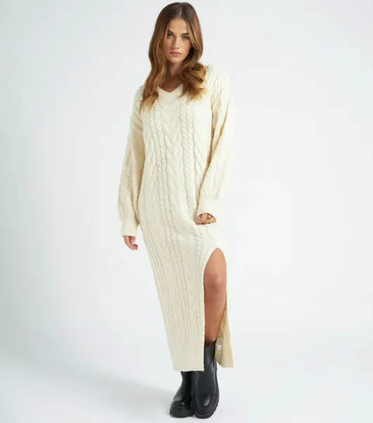 Cream Midaxi V Neck Dress