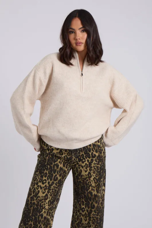 Cream Ribbed Oversized Half Zip Jumper