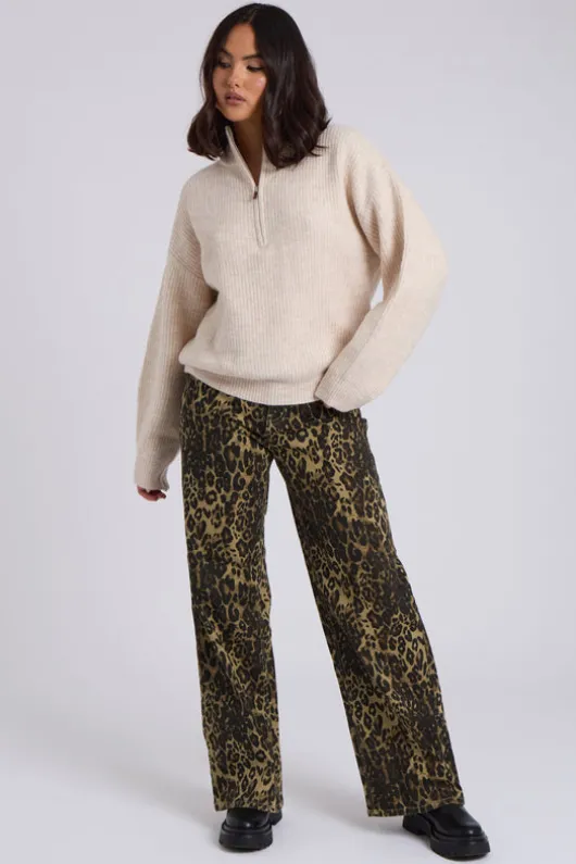 Cream Ribbed Oversized Half Zip Jumper