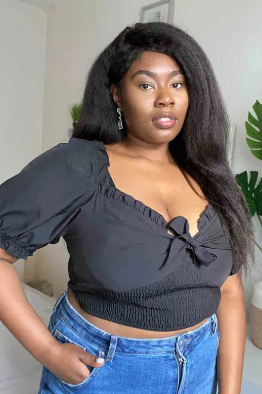 Curve Tie Front Black Shirred Top