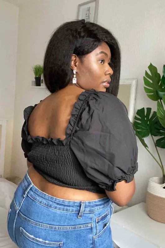 Curve Tie Front Black Shirred Top