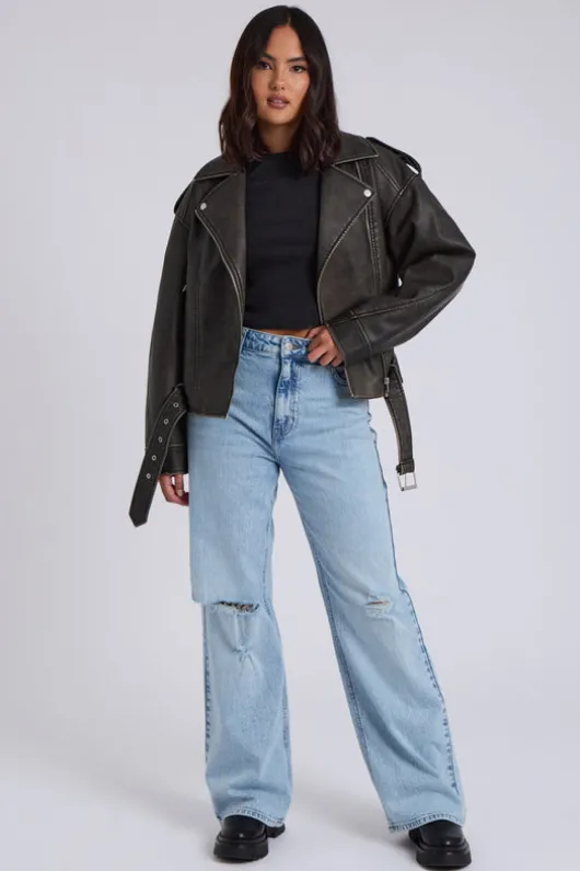 Distressed PU Biker Jacket