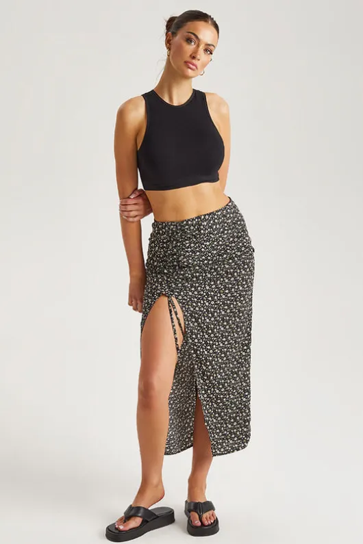 Floral Ruched Side Midi Skirt