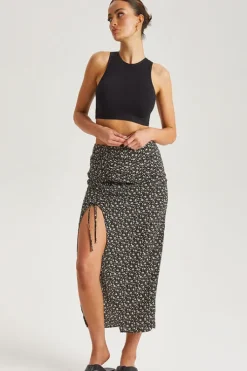 Floral Ruched Side Midi Skirt