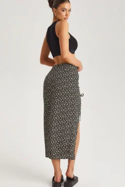 Floral Ruched Side Midi Skirt