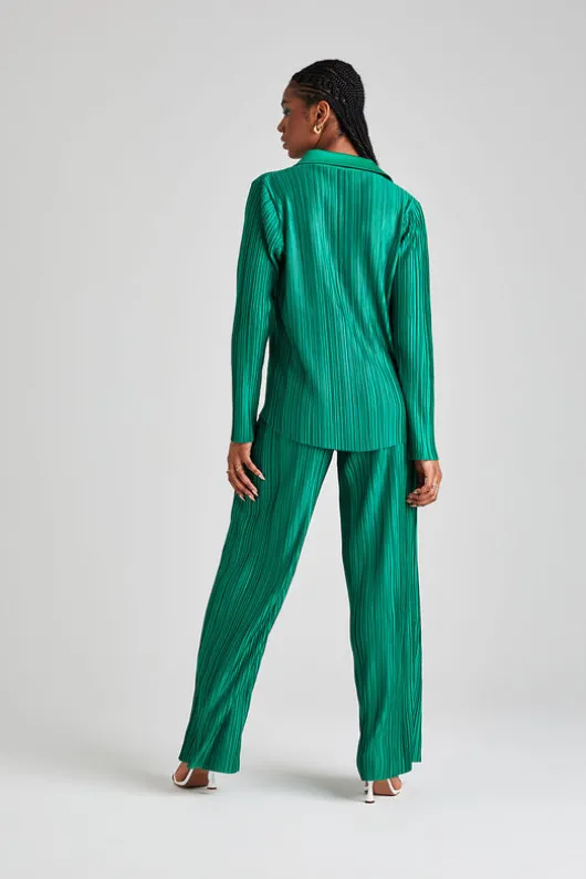 Green Plisse Wide Leg Trousers