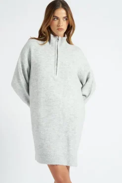 Grey Plain Oversized Half Zip Dress