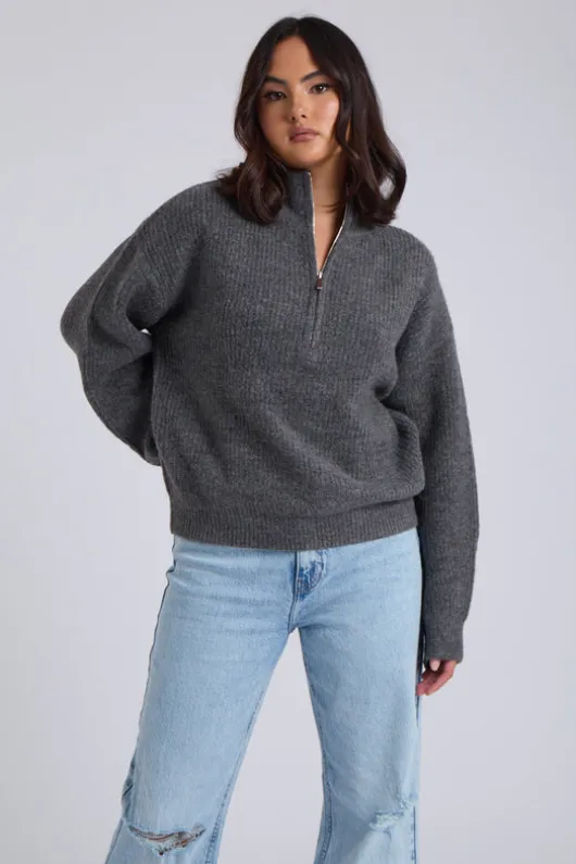 Grey Ribbed Oversized Half Zip Jumper