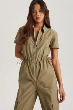Khaki Daniel Parachute Zip Through Jumpsuit | Urban Bliss clothing
