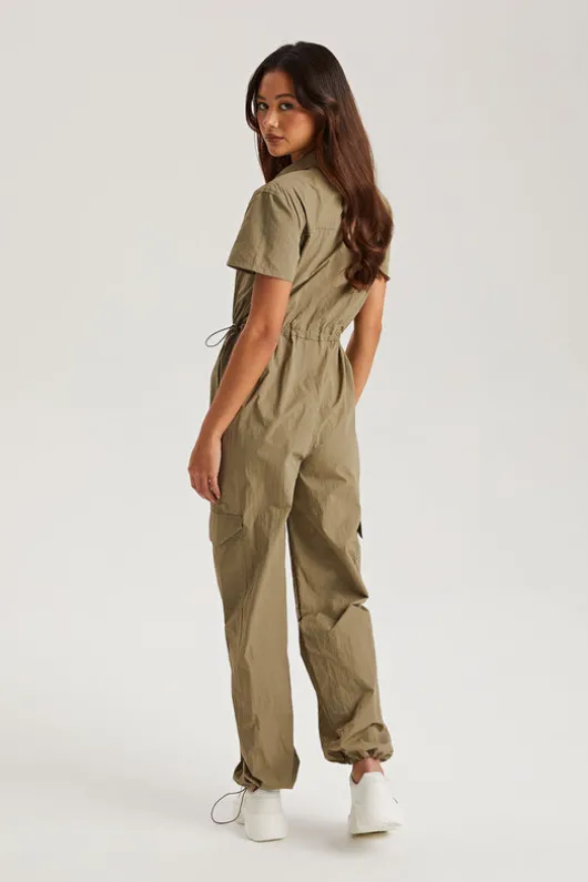 Khaki Daniel Parachute Zip Through Jumpsuit | Urban Bliss clothing