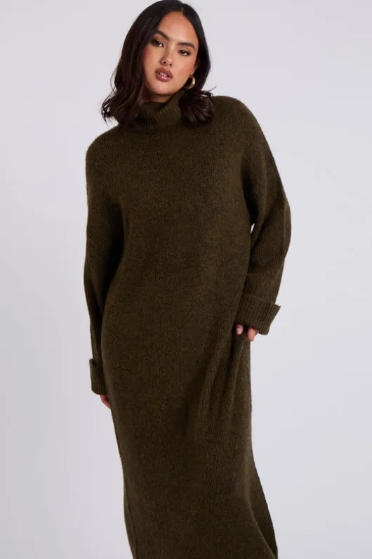 Khaki Roll Neck Midaxi Dress