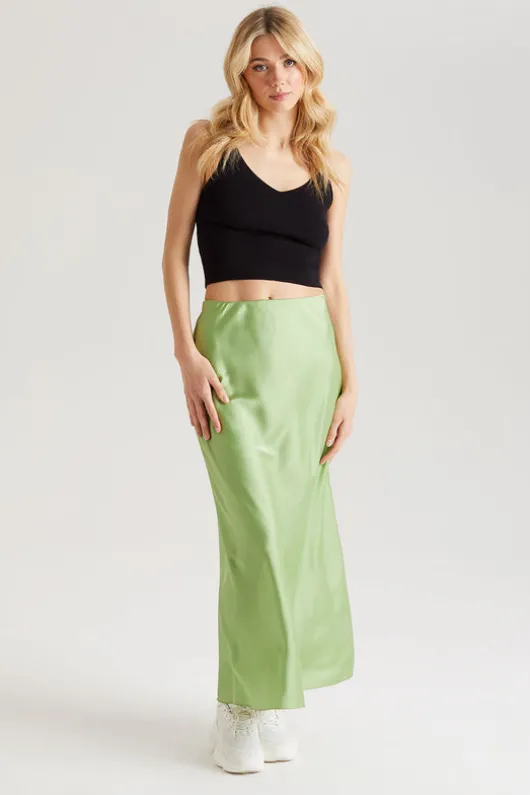 Lime Satin Maxi Skirt