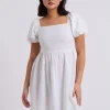 Linen Blend Lace Up Mini Smock Dress