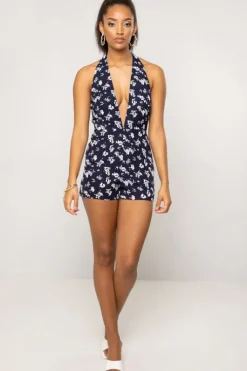 Mariella Halter Neck Plunge Tie Back Navy Floral Print Playsuit