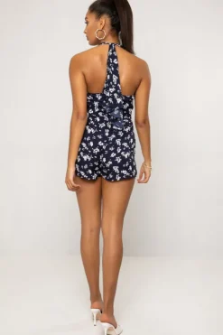 Mariella Halter Neck Plunge Tie Back Navy Floral Print Playsuit