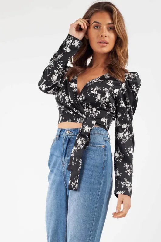 Mono Black Floral Satin Wrap Top