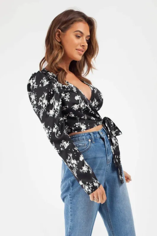 Mono Black Floral Satin Wrap Top